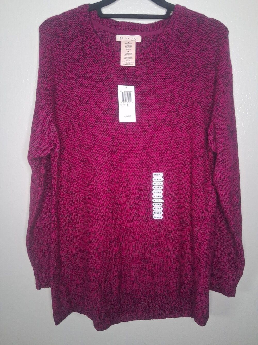 NWT Philosophy Crew Neck Sweater Tunic Royal Magenta Black High Low Hem Sz M